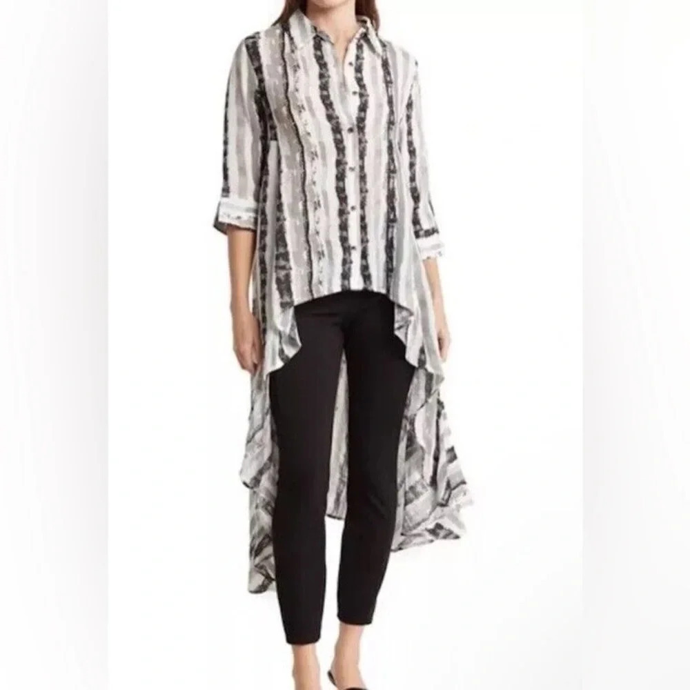 PATRIZIA LUCA Women’s Three Quarter High Low Striped Print Shirt Dress Top L - Picture 2 of 13